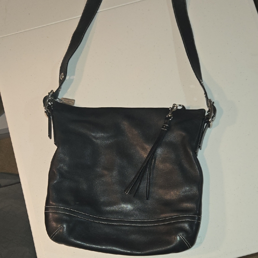 Coach Black Leather Shoulder Bag with Tassel